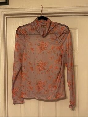 Free People Mately Semi Sheer Floral Cowl Neck Top in Lavender and Peach Tones